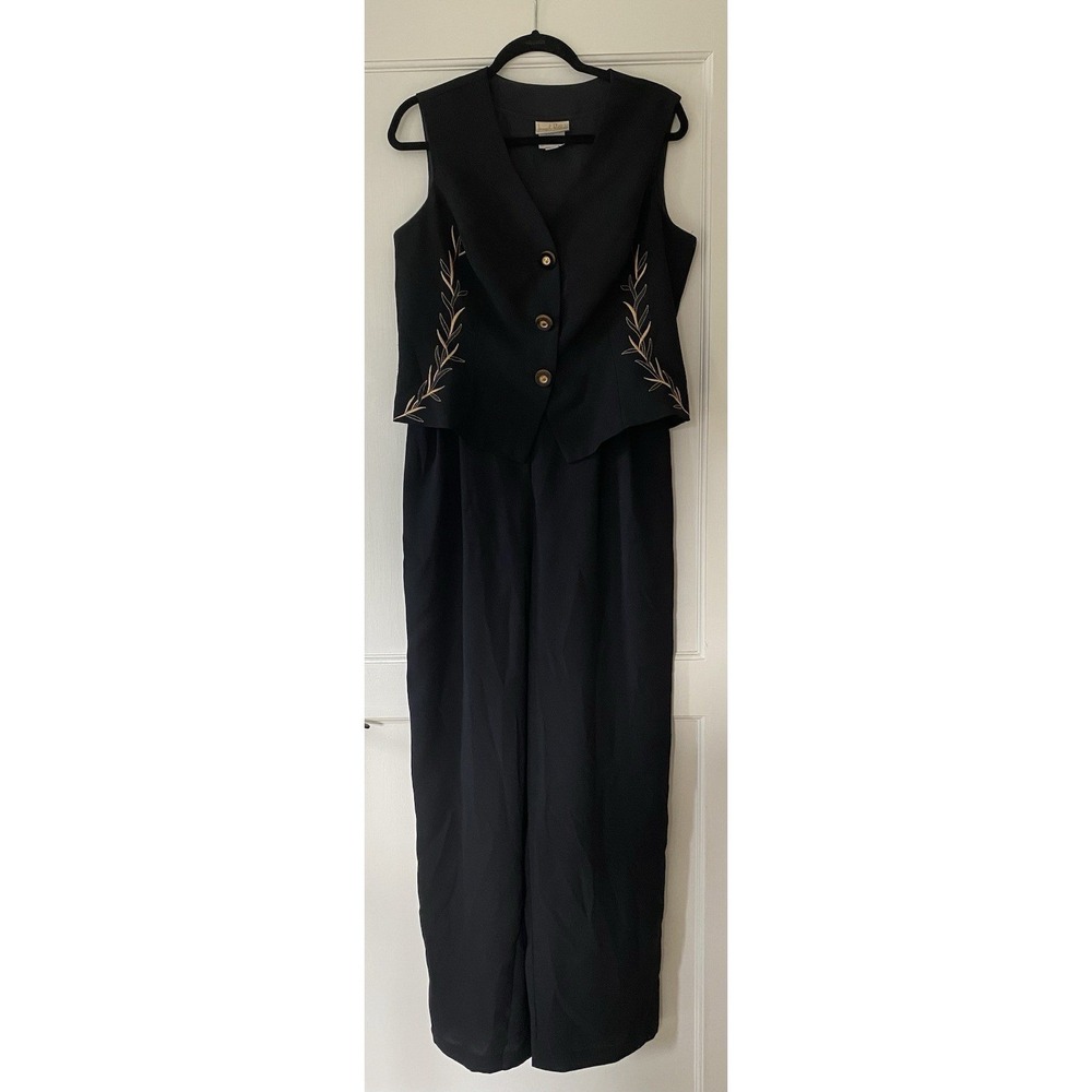 Joseph Ribkoff VTG Black Jumpsuit Sleeveless Vest Gold Detailing Size 12